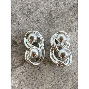 Vintage Clip Ons Earrings Silver Tone Abstract Design Geometric Art Deco